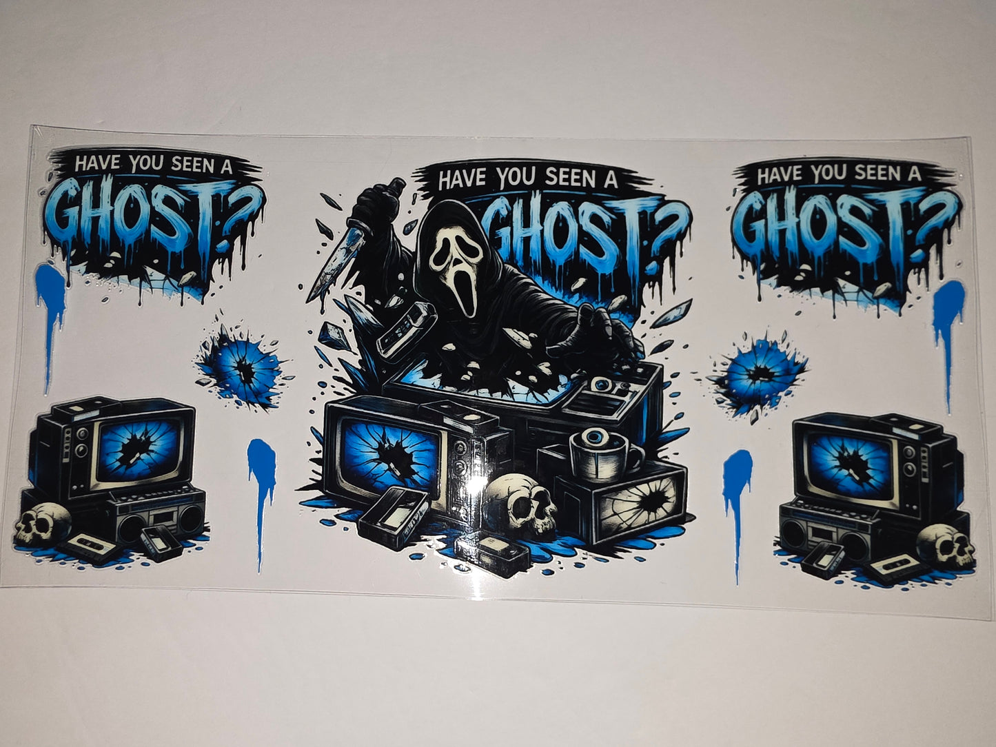 Ghostface Scream TV Skull Retro Boombox Tumbler Wrap | Horror Movie Fan Gift | Blue Drip Design