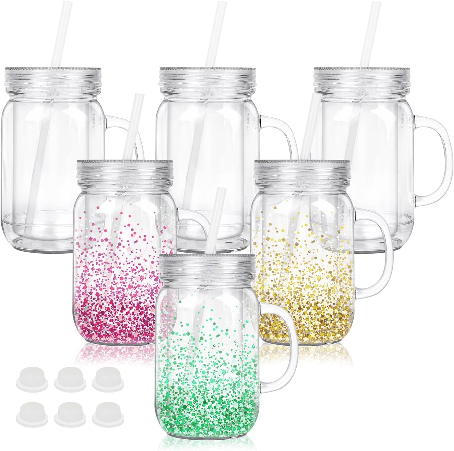 20 oz Mason Jar Snowglobe Tumbler with Handle, Lid, and Straw
