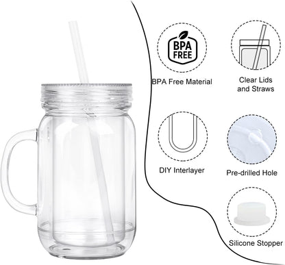 20 oz Mason Jar Snowglobe Tumbler with Handle, Lid, and Straw