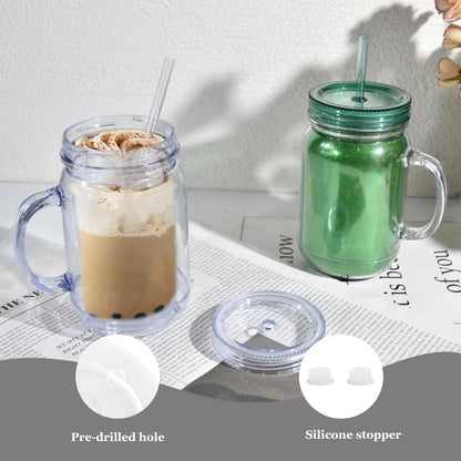 20 oz Mason Jar Snowglobe Tumbler with Handle, Lid, and Straw