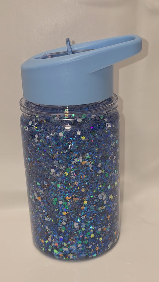 1 Premade Flip Straw 10 oz Kids Cup Blue Glitter