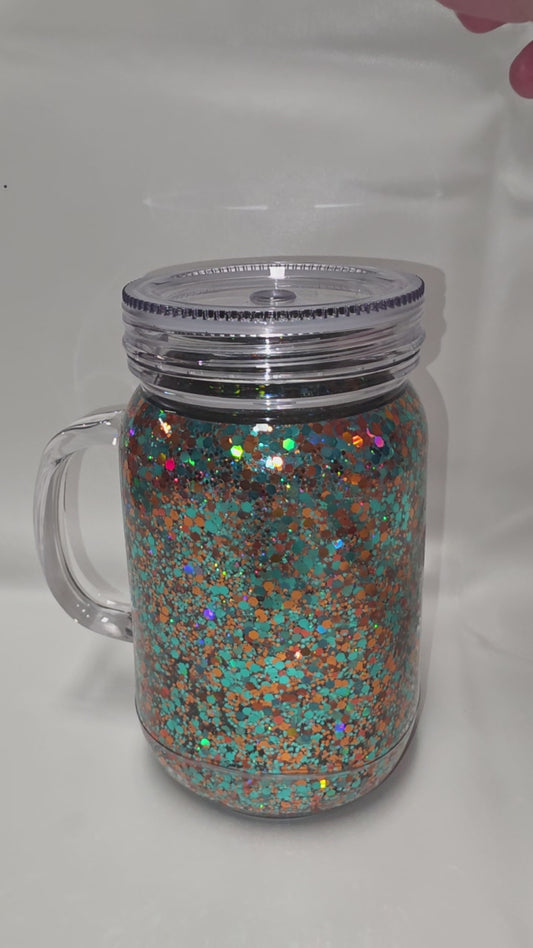 1 Premade 20 oz Mason Jar Dry Glitter Copper Teal