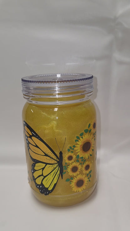 1 Premade Yellow Butterfly Cat's Eye Mason Jar 20 oz