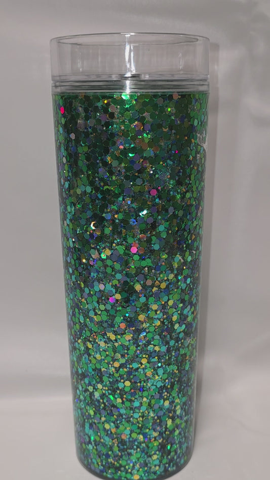 1 Premade 16 oz Skinny Tumbler Green Glitter