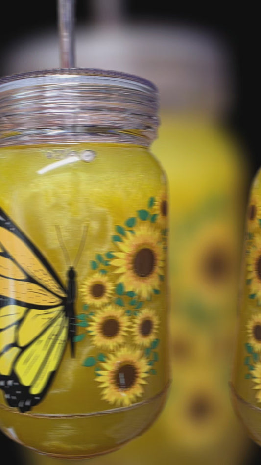 1 Premade Yellow Butterfly Cat's Eye Mason Jar 20 oz